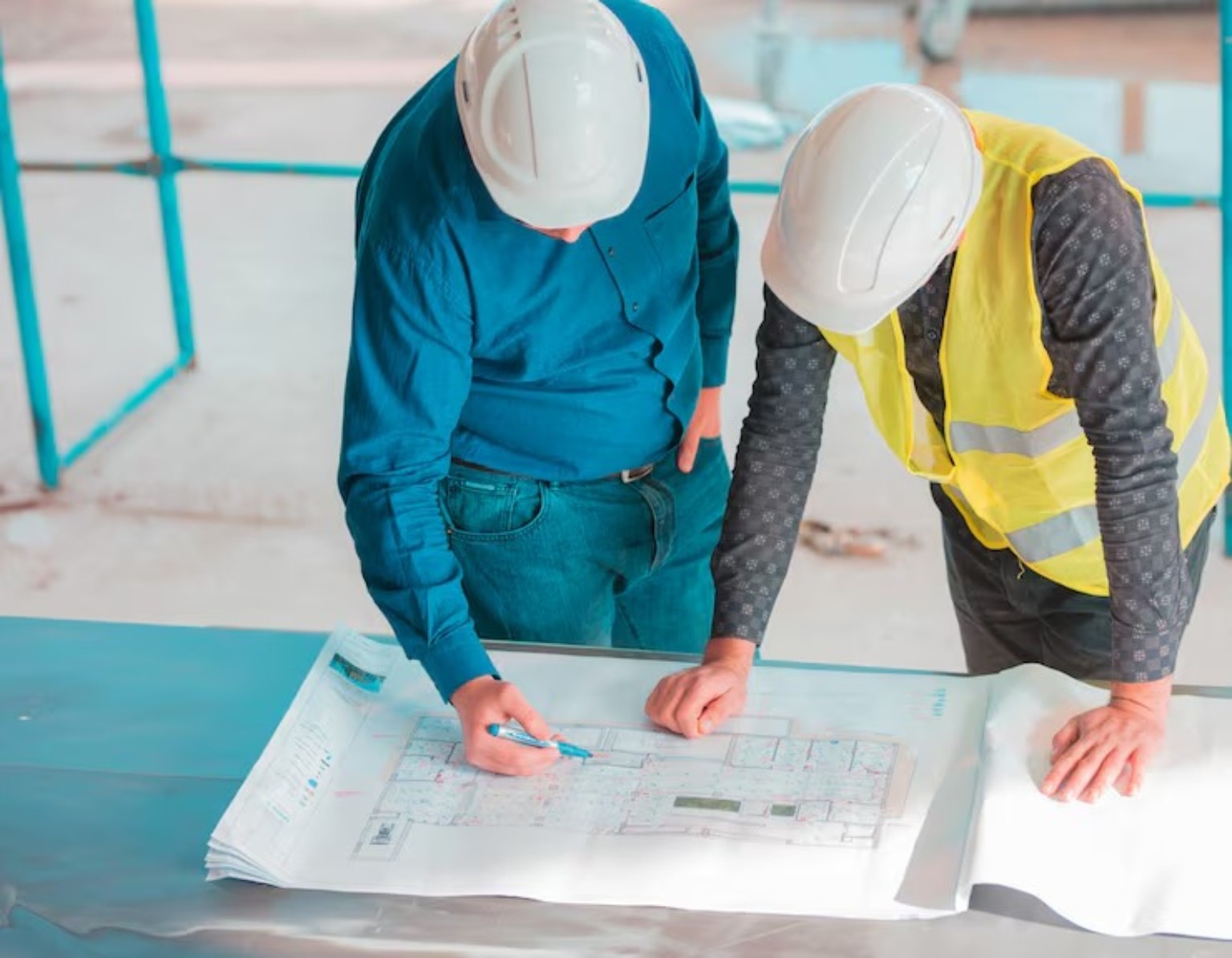 Two professionals reviewing an engineering plan
